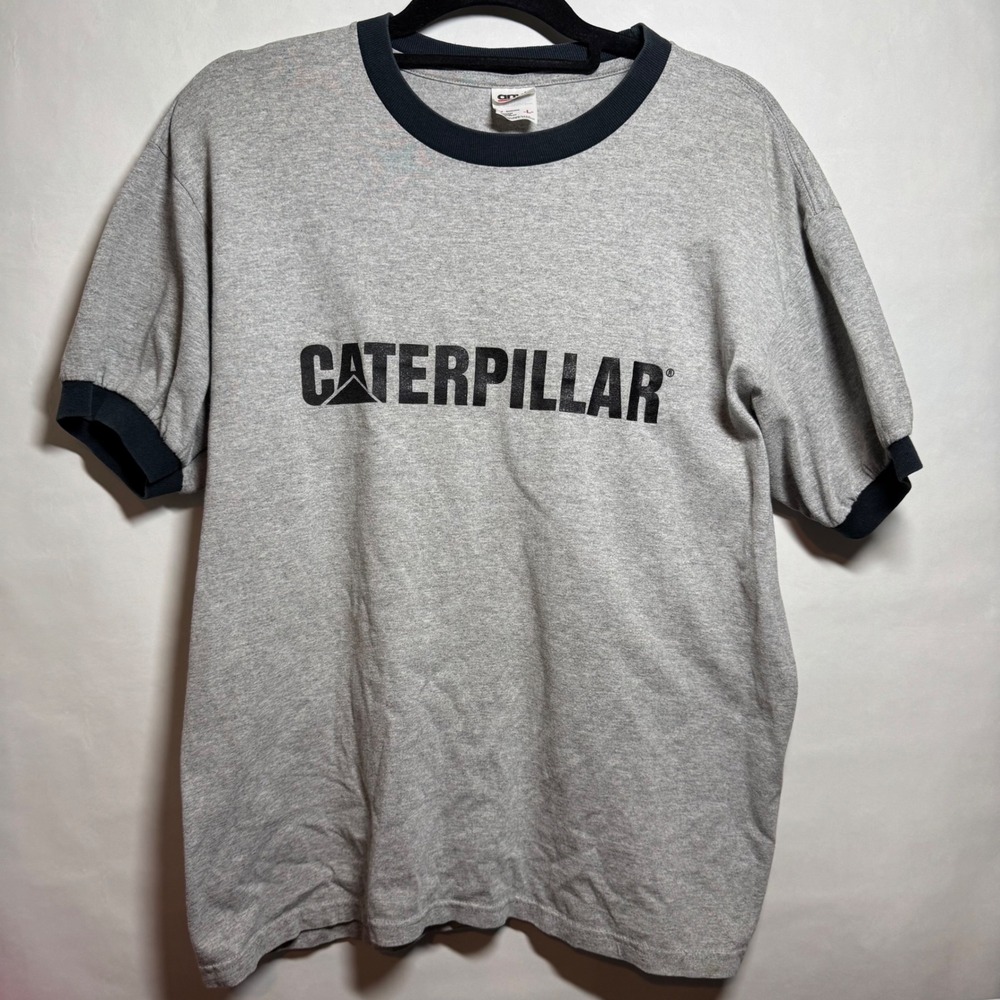 Vtg Caterpillar Cat Power Equipment Anvil Gray Vintage Ringer T Shirt Mens Large
